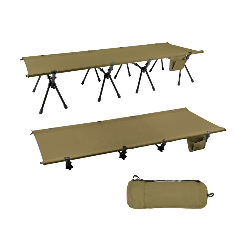 Cama plegable ultraligera para acampar al aire libre con bolsillo lateral