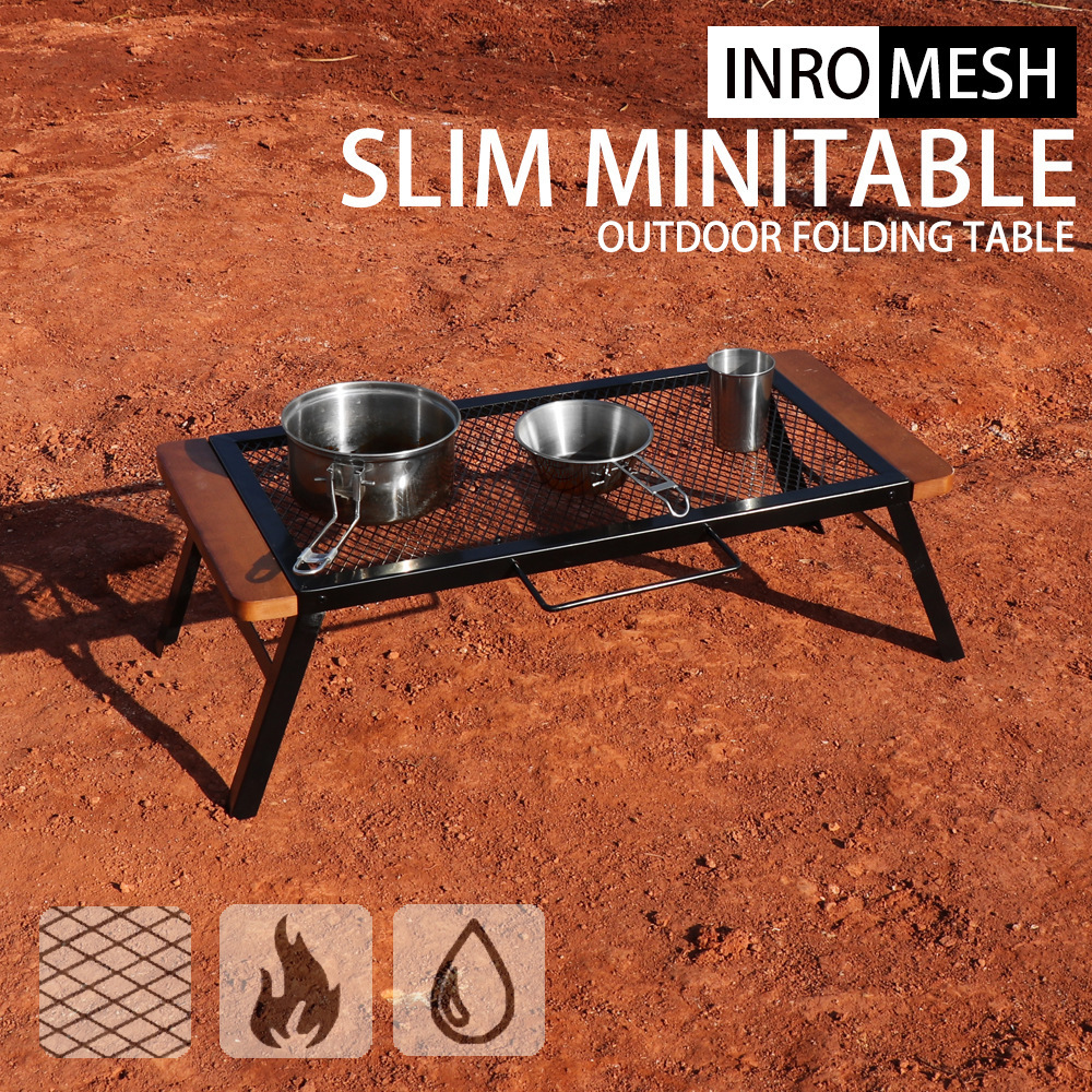 Mesa de red de hierro para acampar con mango de madera anti-escaldaduras