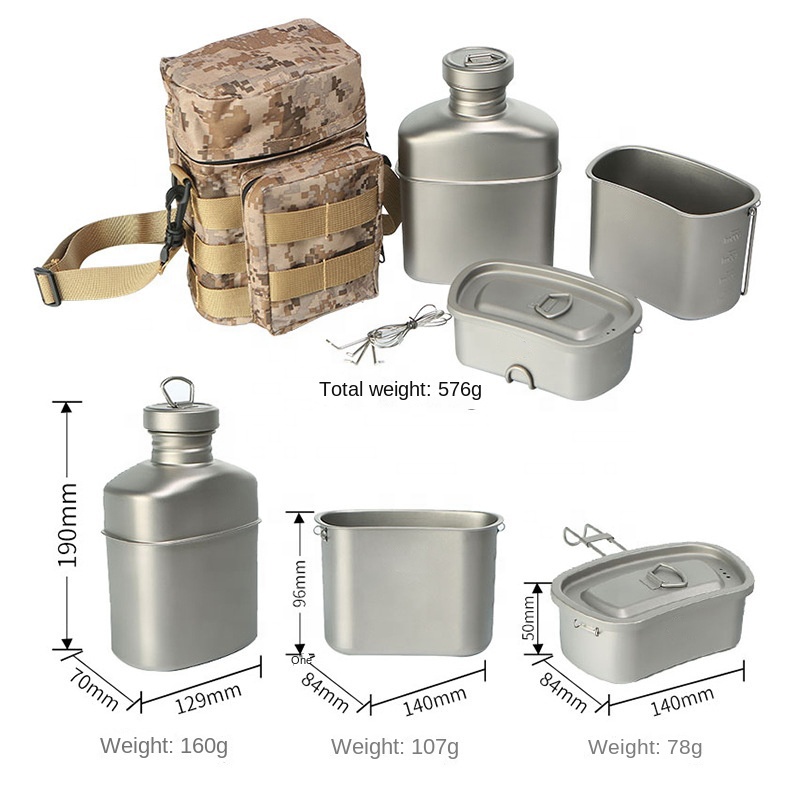 Utensilios de cocina y tazas militares de titanio para exteriores - Juego de cocina con tetera y cuenco para exteriores