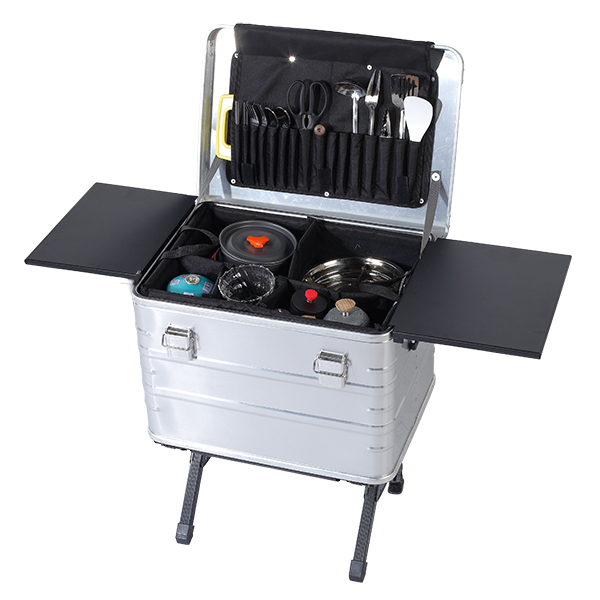 Cajas portátiles de cocina de aluminio para campamento con tablero lateral, divisor y plataforma para organizar