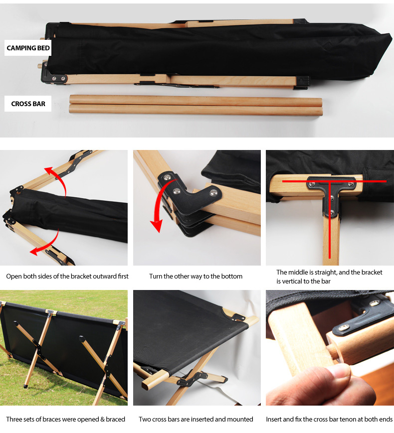 Cama de camping plegable con estructura de madera de haya