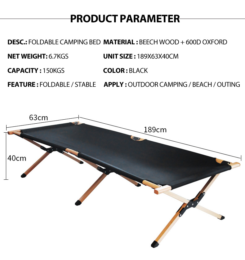 Cama de camping plegable con estructura de madera de haya