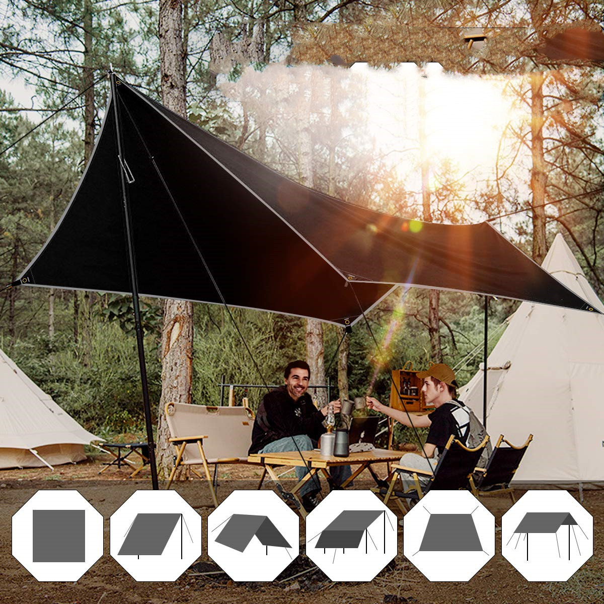 Refugio impermeable para acampar contra la lluvia y tapete para picnic de color negro