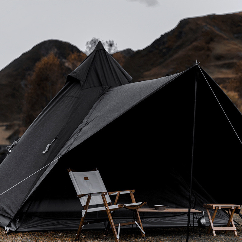 Tienda de campaña impermeable con forma de pirámide negra, tienda de campaña india con protección solar