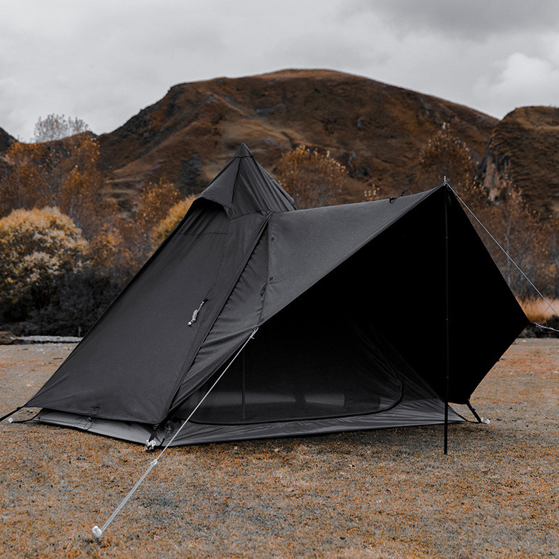 Tienda de campaña impermeable con forma de pirámide negra, tienda de campaña india con protección solar