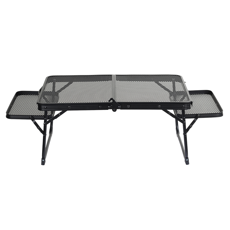 Mesa de camping con rejilla de hierro y 2 paneles laterales plegables