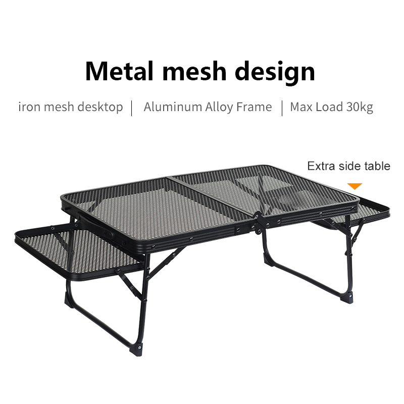 Mesa de camping con rejilla de hierro y 2 paneles laterales plegables