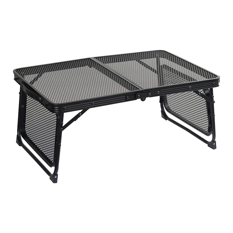 Mesa de camping con rejilla de hierro y 2 paneles laterales plegables