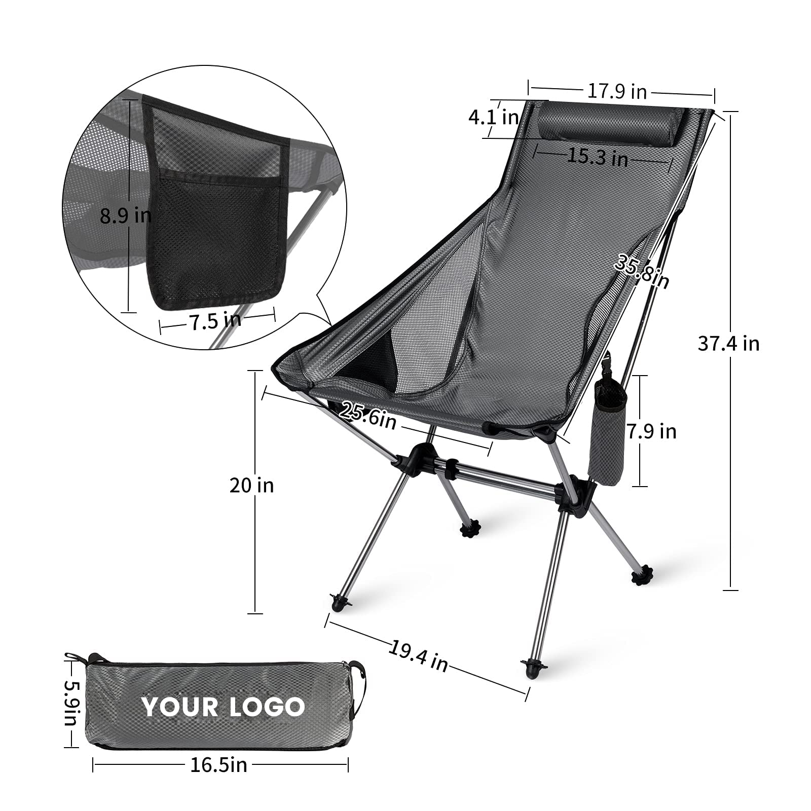 Silla plegable para acampar, color negro y personalizada