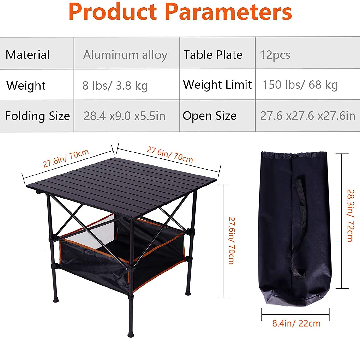 Mesa de camping plegable portátil de aluminio con bolsa de red