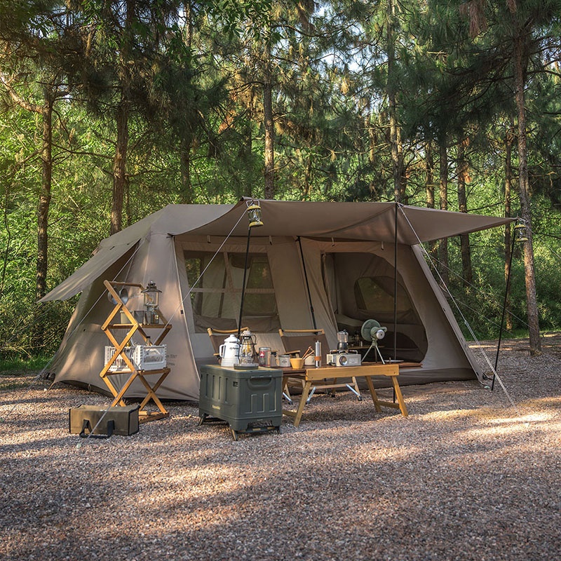 Tienda de campaña glamping de dos niveles y dos dormitorios de 8/13㎡ con toldo