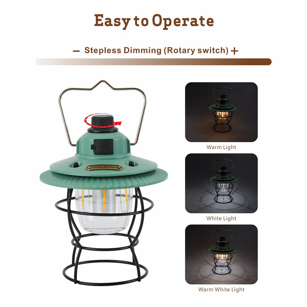 Lámpara de campamento portátil, lámpara vintage, recargable por USB, resistente al agua, retro, LED, para exteriores, para acampar