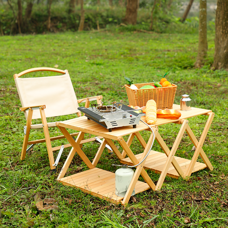 Estante y mesa plegables de madera de 4 niveles para acampar al aire libre, barbacoa, picnic y fiestas en el patio