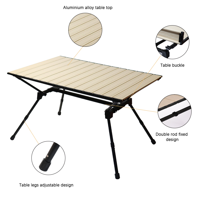 Mesa de camping plegable de aluminio portátil ultraligera: altura ajustable, tablero enrollable