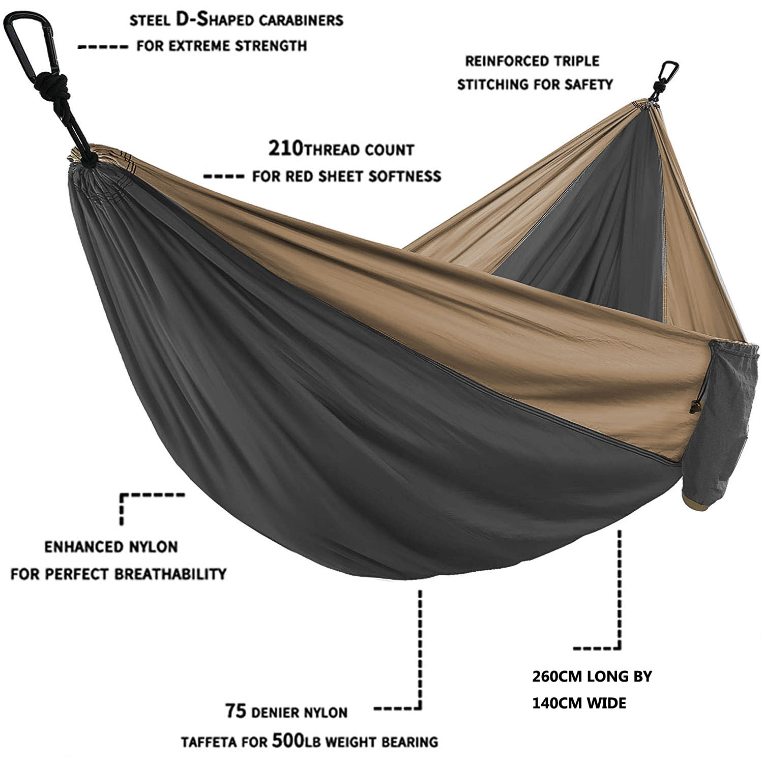Hamaca extragrande para dos personas con correas y mosquetón negro