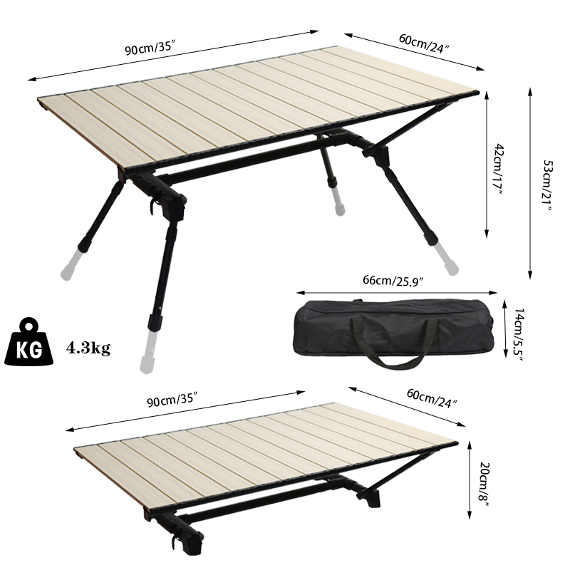 Mesa de camping plegable de aluminio portátil ultraligera: altura ajustable, tablero enrollable