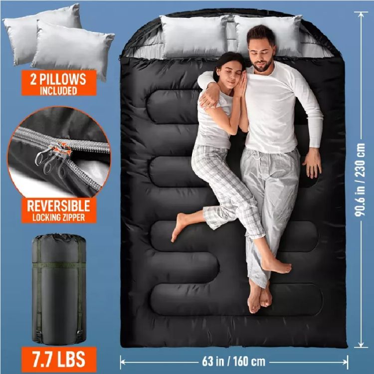 Saco de dormir impermeable para acampar para 2 personas con 2 almohadas