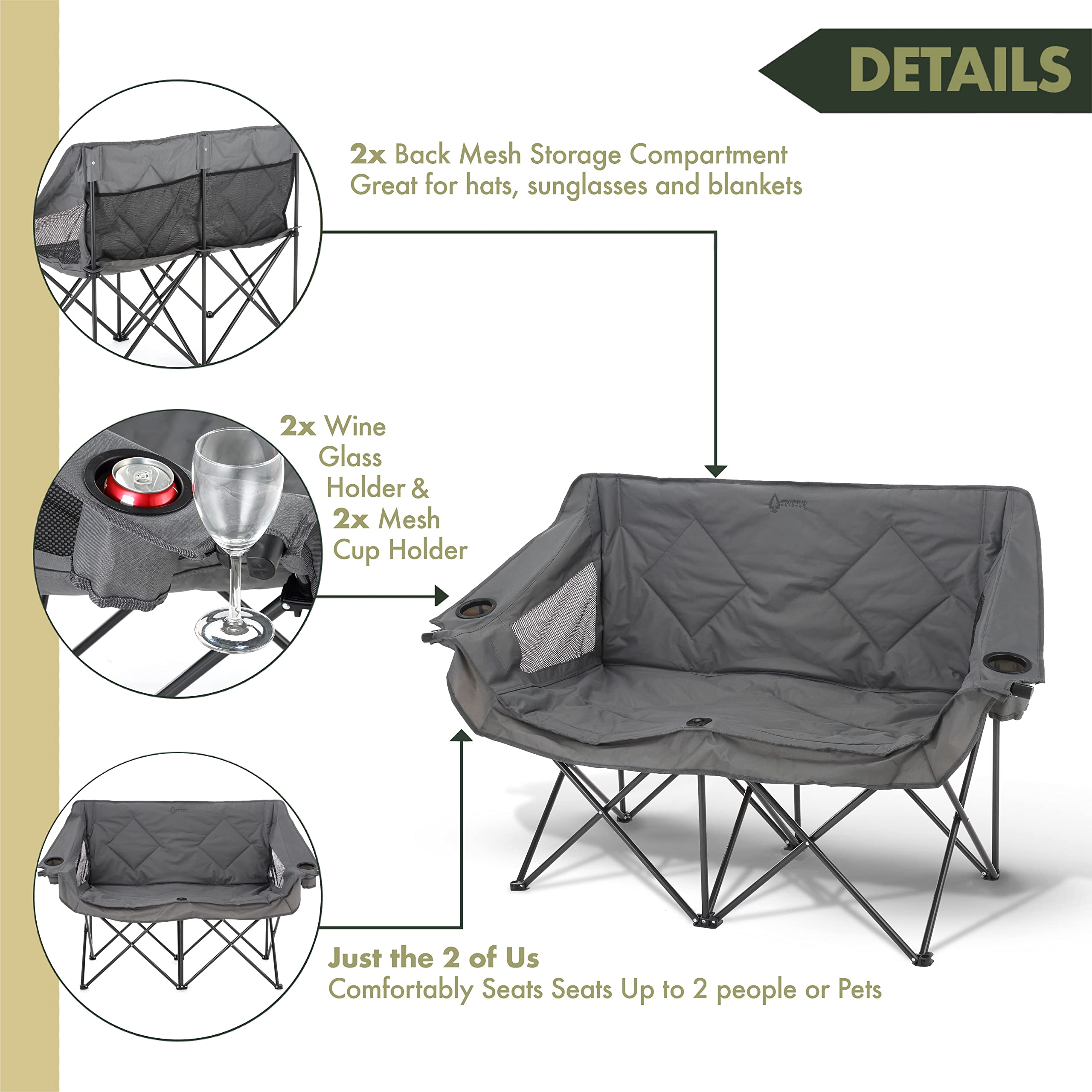 Silla de playa para acampar gruesa de dos asientos con reposabrazos