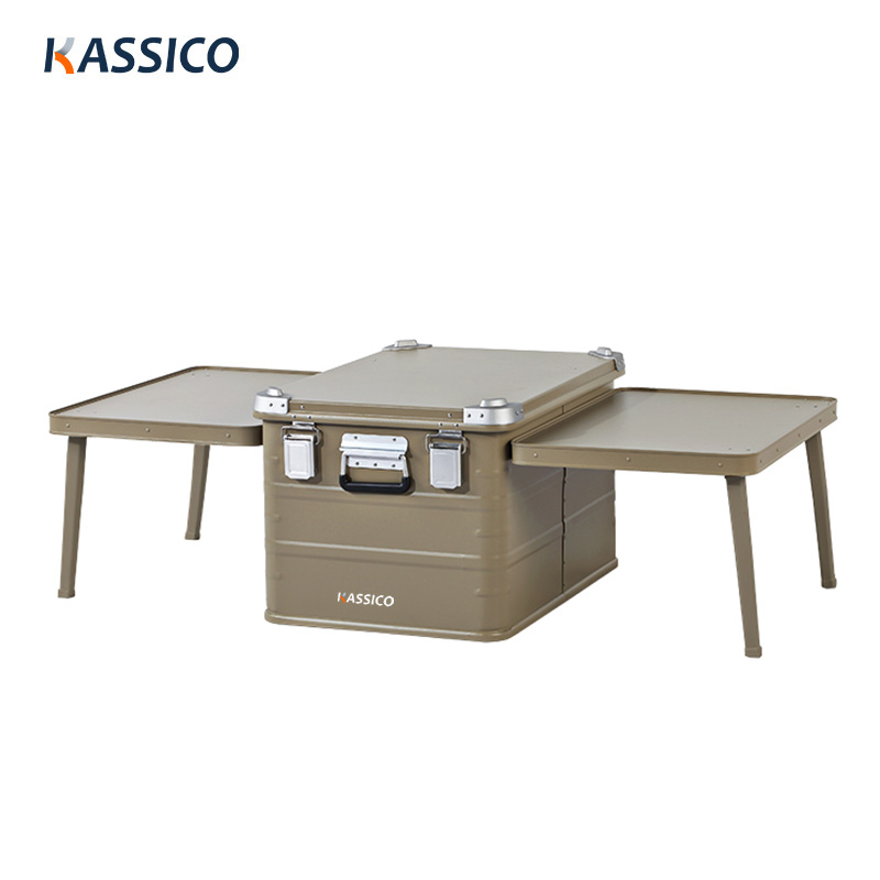 Estación de cocina de aluminio para acampar con caja de almacenamiento y mesa plegable