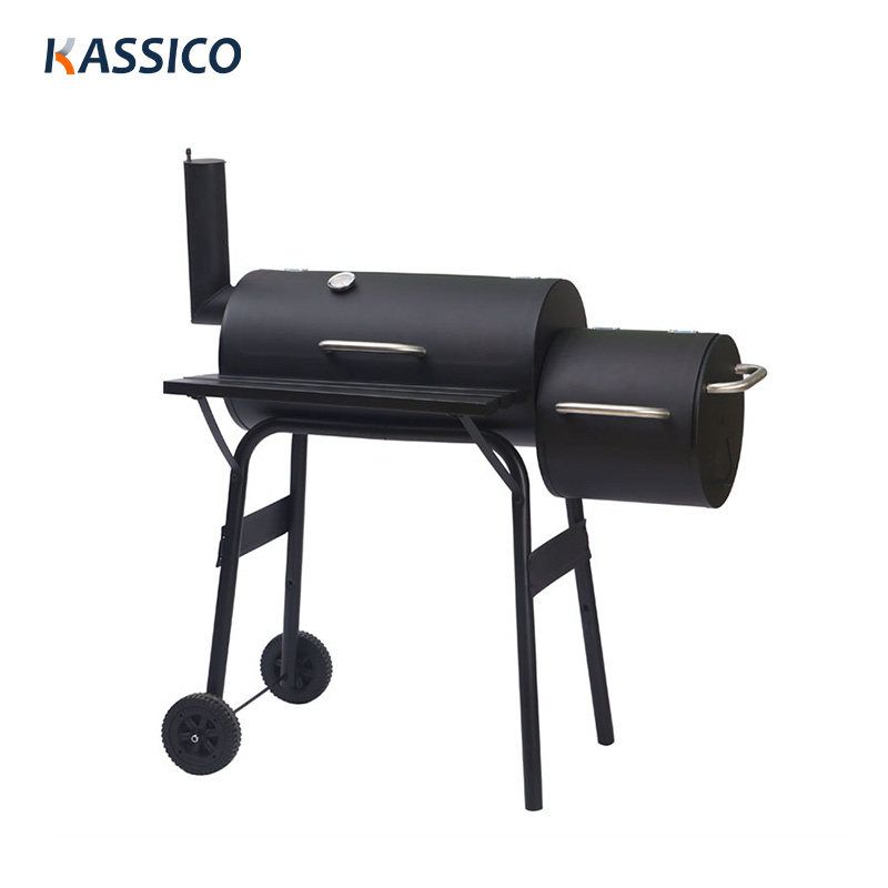 Parrilla de carbón para barbacoa de doble barril con ahumador descentrado