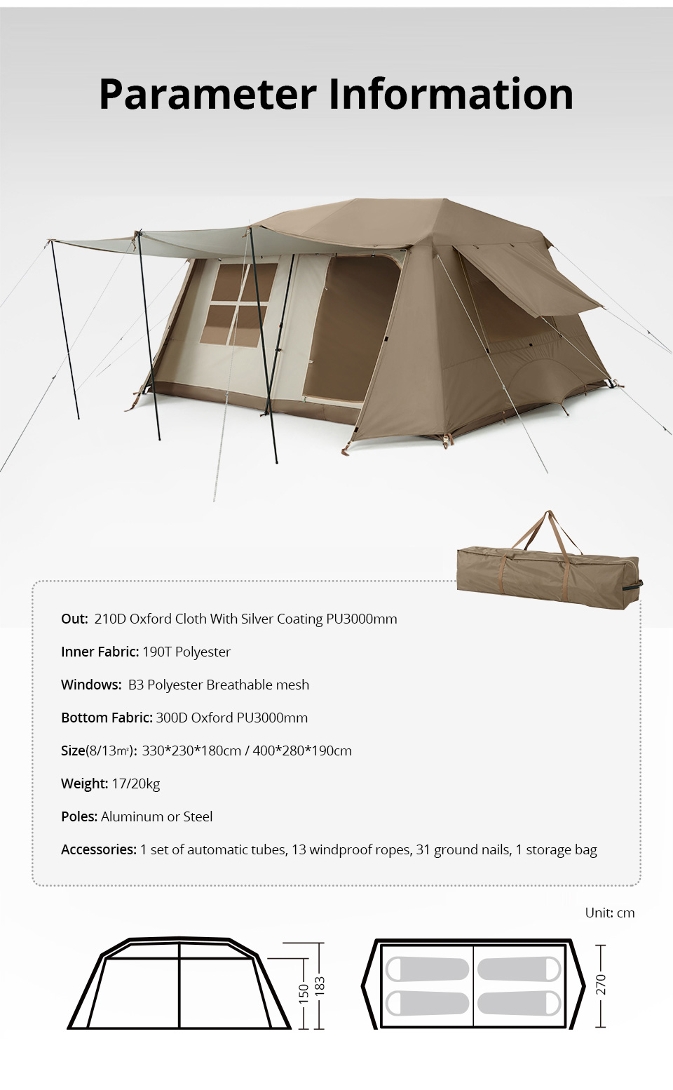 Tienda de campaña glamping de dos niveles y dos dormitorios de 8/13㎡ con toldo