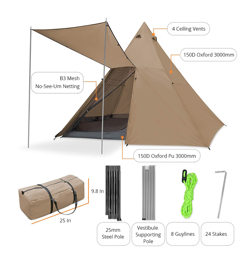 Tiendas de campaña tipo tipi piramidales para acampar al aire libre con refugio